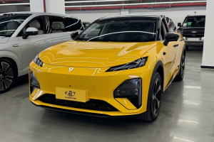 Bright yellow Deepal S07 electric coupe SUV front three-quarter view parked inside indoor car dealership showroom