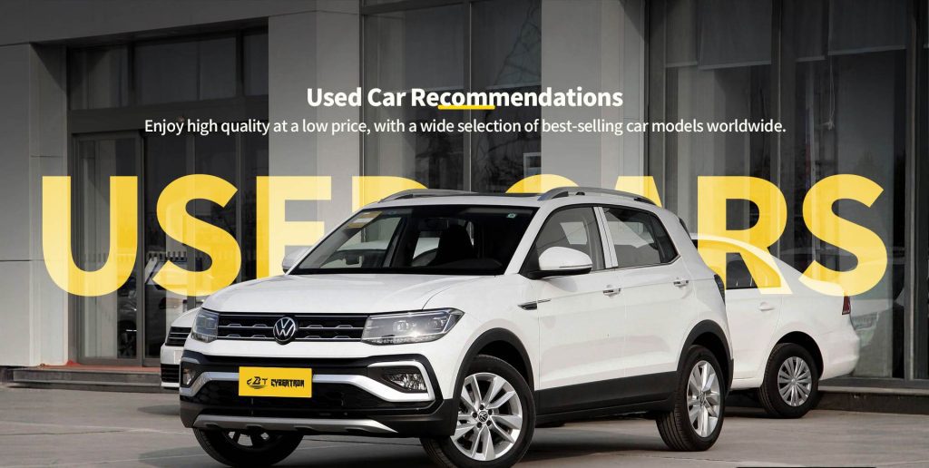 Image of used car recommendations, showing a white SUV and other cars, with text "Enjoy high quality at a low price, with a wide selection of best - selling car models worldwide."
