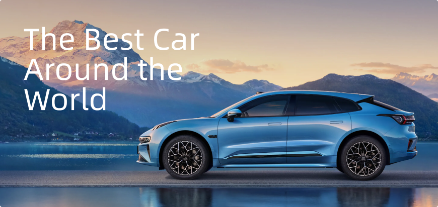A blue car by a lake with mountains in the background, and the text "The Best Car Around the World".